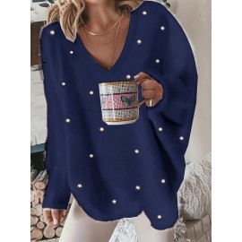 Plus Size - Women'S Asymmetrical V-Neck Geometric Sweater - Soft Pastel Winter Pullover with Trim, Cozy Casual Sweater for Everyday & Semi-Formal Outfits, Relaxed Fit Layering Piece, Easy-Care Durable Design
