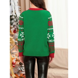 Women's Christmas Long Sleeve Sweaters Reindeer Snowflake Letter Tree Round Neck Ribbed Knitted Tops