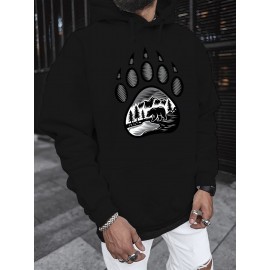Plus-Size Men'S 3D Digital Print Bear Paw & Forest Graphic Hooded Sweatshirt - with Wildlife Design, Casual Long Sleeve Pullover, Regular Fit for Outdoor & Casual Attire, Nature-Inspired Men'S Fashion, Plus Size