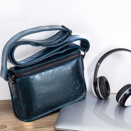 Men's Full-Grain Cowhide Leather Crossbody Bag - Adjustable Strap, Golden-Tone Hardware & Snap Closure, iPad & Phone Compartment - Retro Casual & Business Multifunctional Small Square Shoulder Bag (Black, Durable Everyday Carry)