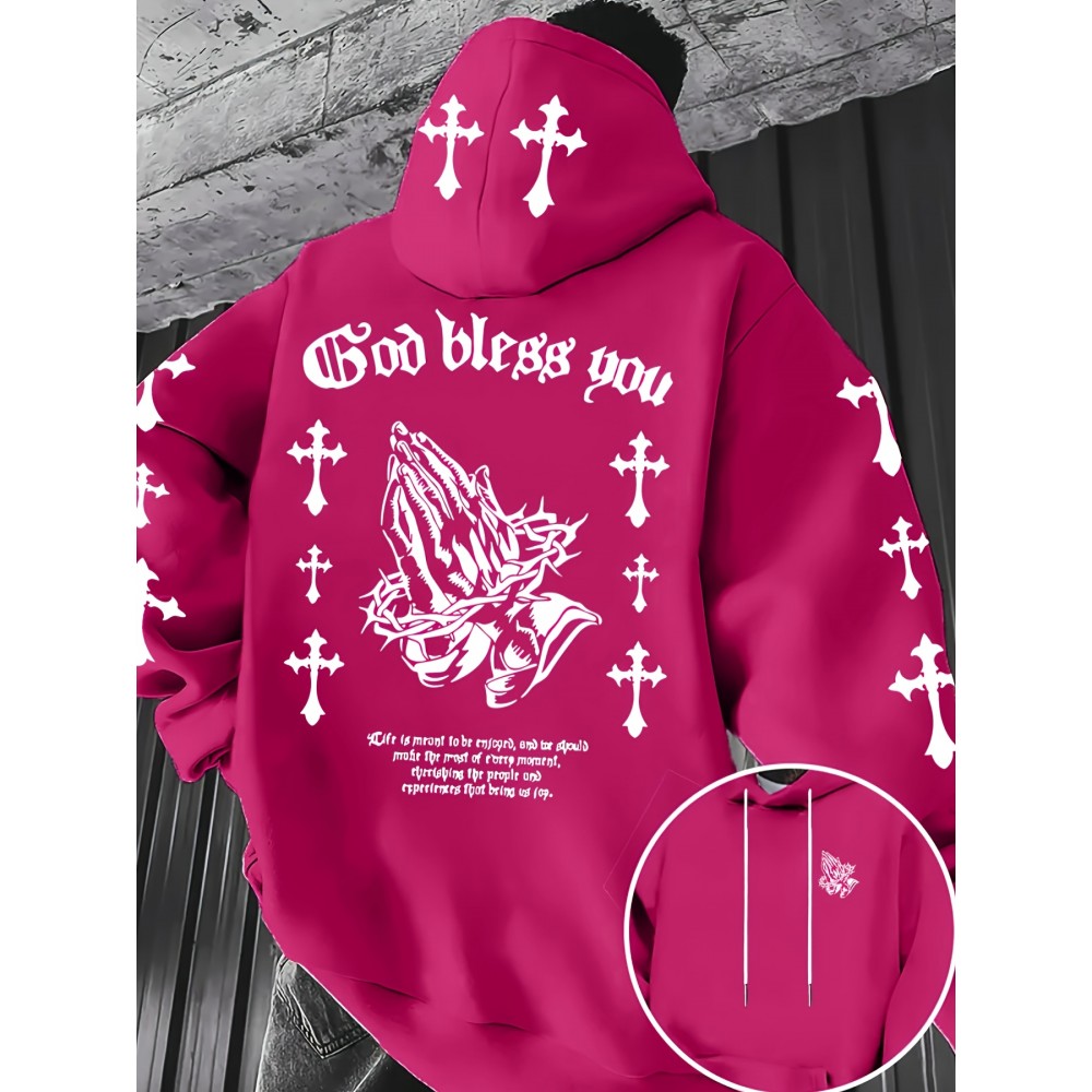 Men'S Christian Faith Hooded Sweatshirt with Prayer Hands & Cross Design - All-Season Casual Pullover, Machine Washable, Kangaroo Pocket & Drawstring Hood, Plus Size, Church Activities & Casual Attire
