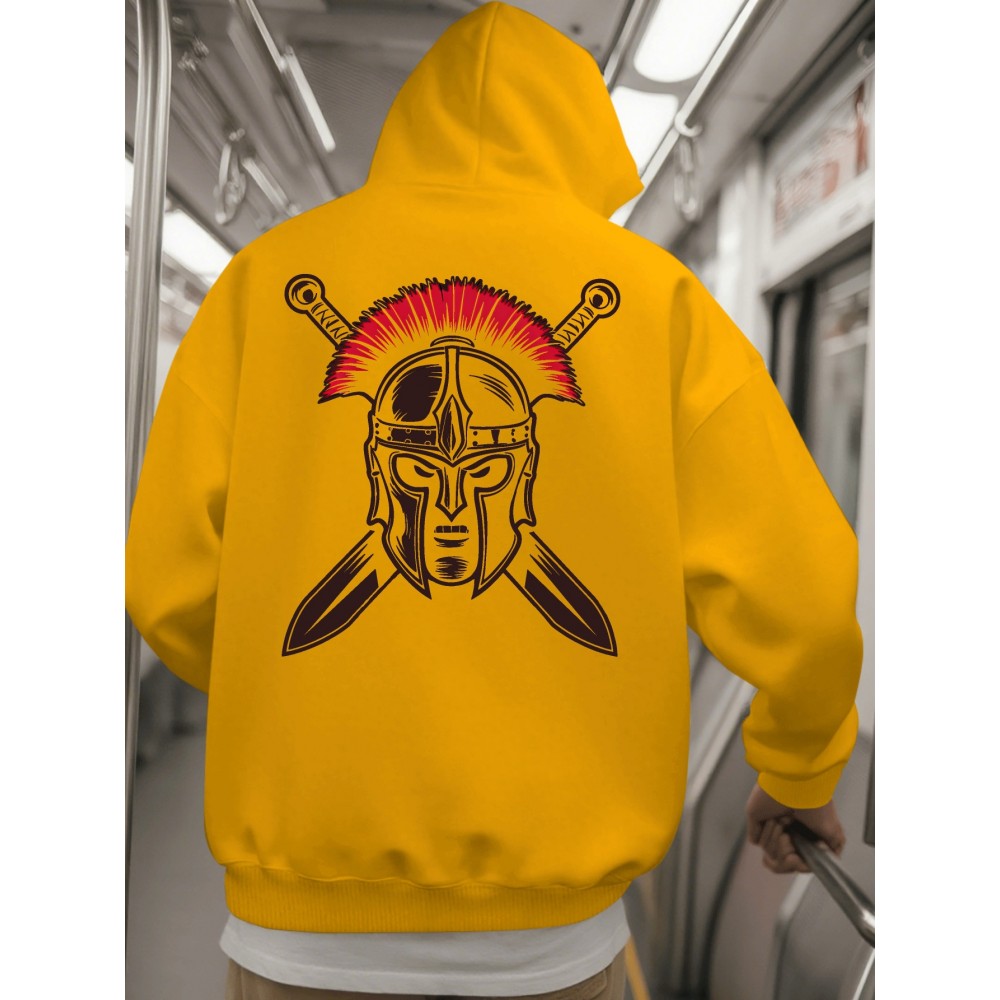 Spartan Men's Spartan Helmet and Spear Print Hooded Sweatshirt - Oversized Street Style Pullover in Beige with Red Spartan Print, Soft Warm Winter Top, Ideal Gift for History Enthusiasts, Casual Wear, Comfortable Clothing, Vintage Aesthetic, Durable